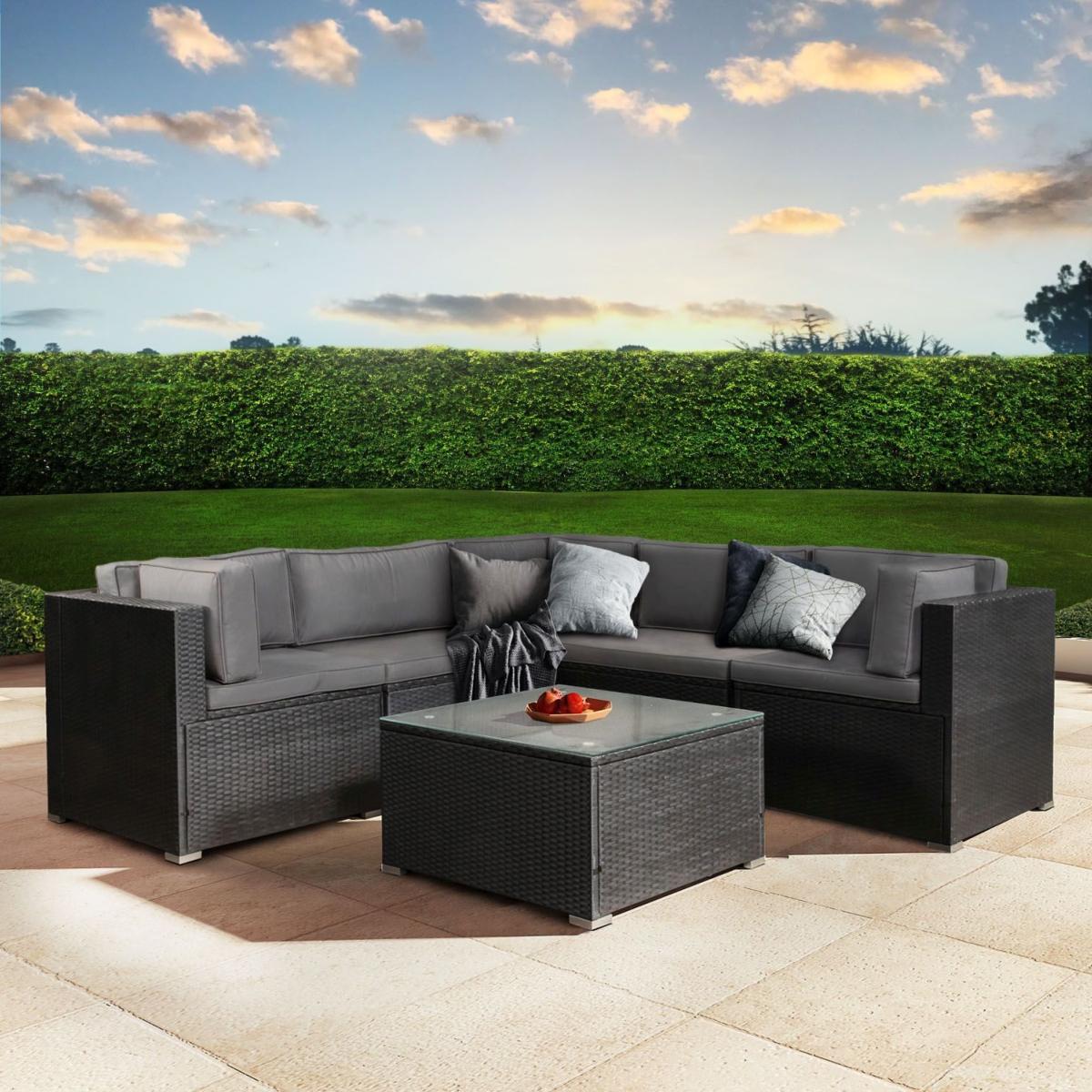 Canapé de jardin luxe, résine tressée, gris anthracite