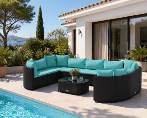 Salon de jardin modulable en résine tressée noire avec coussins bleus et table basse - ARCAN