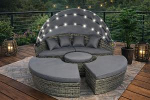 Canapé de jardin rond modulable Ø 185 cm avec auvent LED – Résine tressée