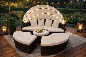 Canapé de jardin rond XXL Ø 210 cm modulable avec auvent LED – Résine tressée