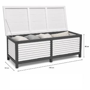 Coffre de Rangement Jardin en Bois 140 cm – Coffre à Coussins Blanc et Gris