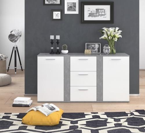 BUFFET bas gris béton - blanc, 155 cm, modèle MILAN