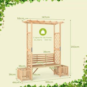 Arche à rosiers avec banc intégré et jardinières en bois naturel