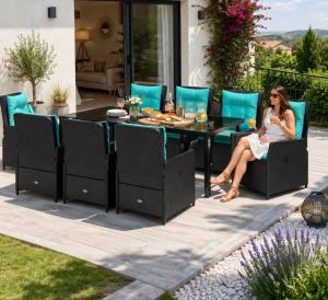 Salon de jardin luxe, 8 places en résine tressée noir avec coussins bleu