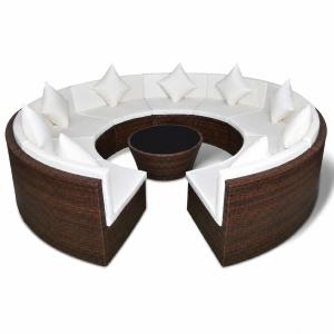 Salon de jardin rond XXL en résine tressée Ø 280 cm – 9 places – Marron & coussins blanc crème