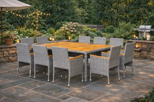SALON de jardin acacia et résine tressée gris, 10 places, modèle CARAIBE