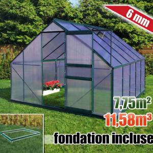 Serre de jardin aluminium polycarbonate 6 mm – 7.75 m² – Base incluse, 3 dimensions