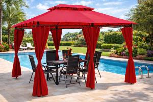 Tonnelle de Jardin 3 x 4 m avec Éclairage LED Solaire et Rideaux