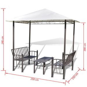 Tonnelle de jardin complète, avec bancs et table, toit blanc
