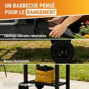Barbecue Charbon & Fumoir 2-en-1 ARCAN avec Thermomètre, Tablettes Rabattables et Roues