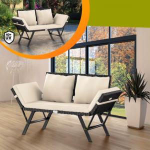 Banc convertible transat, résine tressée noir, coussins beige