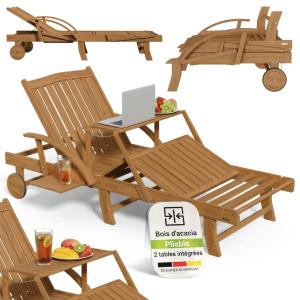 Bain de soleil pliant en bois d'acacia avec table et tablette intégrées – SUNDAY
