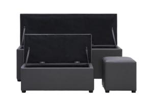 Bancs coffre et pouf, cuir gris, lot de 3