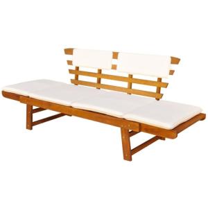 Banc de jardin convertible en acacia, coussins crème