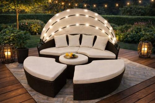 Canapé de jardin rond XXL Ø 210 cm modulable avec auvent LED – Résine tressée