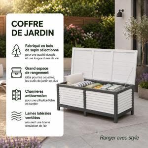 Coffre de Rangement Jardin en Bois 140 cm – Coffre à Coussins Blanc et Gris