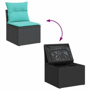 Canapé de jardin modulable en résine tressée noir avec coussins bleu et table relevable