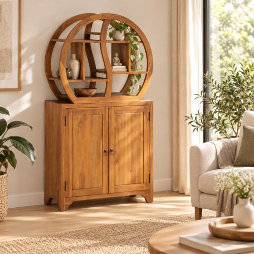 Meuble bibliothèque design 70 cm, 2 portes, bois de teck massif