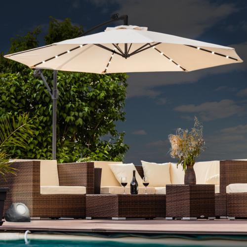 Parasol déporté, à éclairage LED solaire, 350 cm, crème