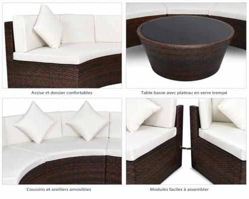 Salon de jardin rond XXL en résine tressée Ø 280 cm – 9 places – Marron & coussins blanc crème