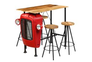 Ensemble table bar tracteur 4 tabourets, bois de manguier