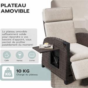 Fauteuil transat en résine tressée avec coussin et tablette – bain de soleil inclinable