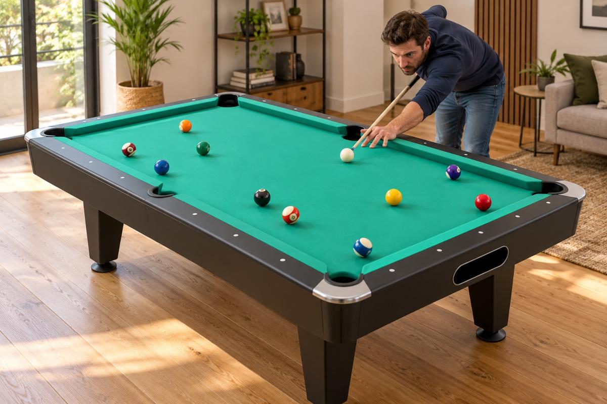 Joueur autour d'une table de billard noire avec tapis vert dans une salle de jeux